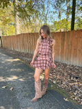 Aria Plaid Halter Mini Dress- Brown/Pink
