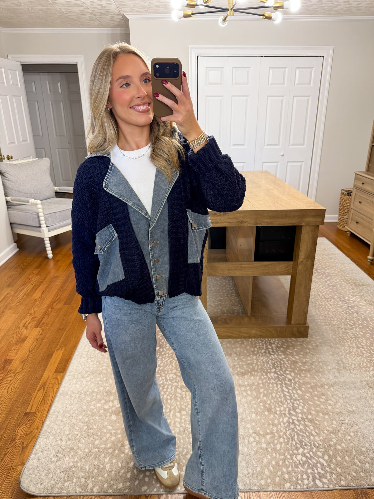 Cable Knit Denim Trim Jacket- Navy