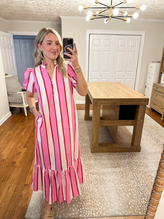 Harper Stripe Midi Dress- Cream/Pink