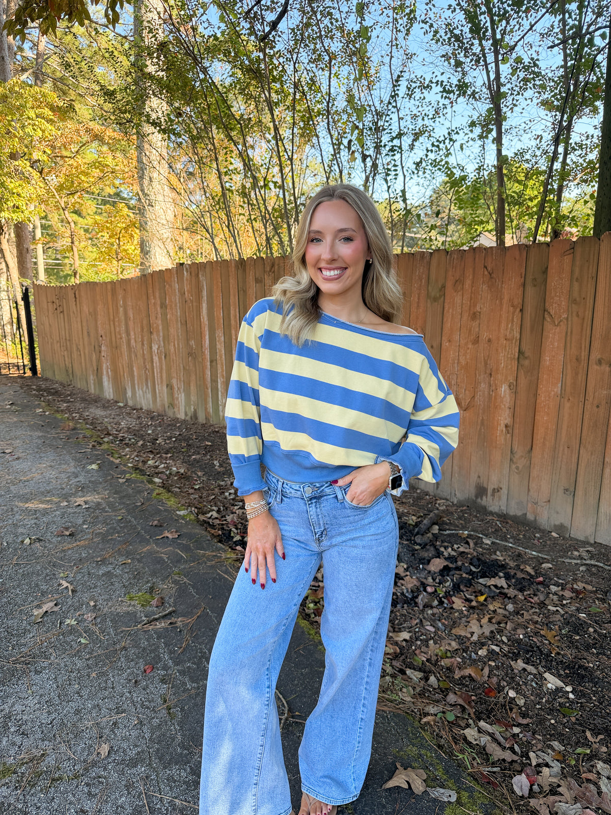 Lily Striped Off Shoulder Sweatshirt- Blue/Yellow
