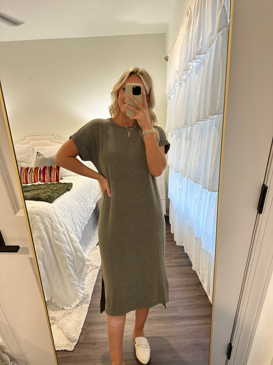 Ribbed Midi Dress- Olive