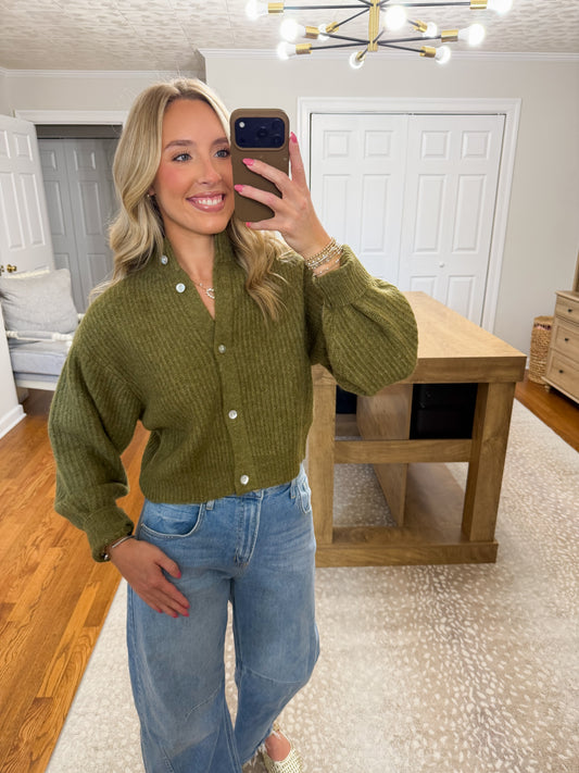 Mila Balloon Sleeve Cardigan- Olive