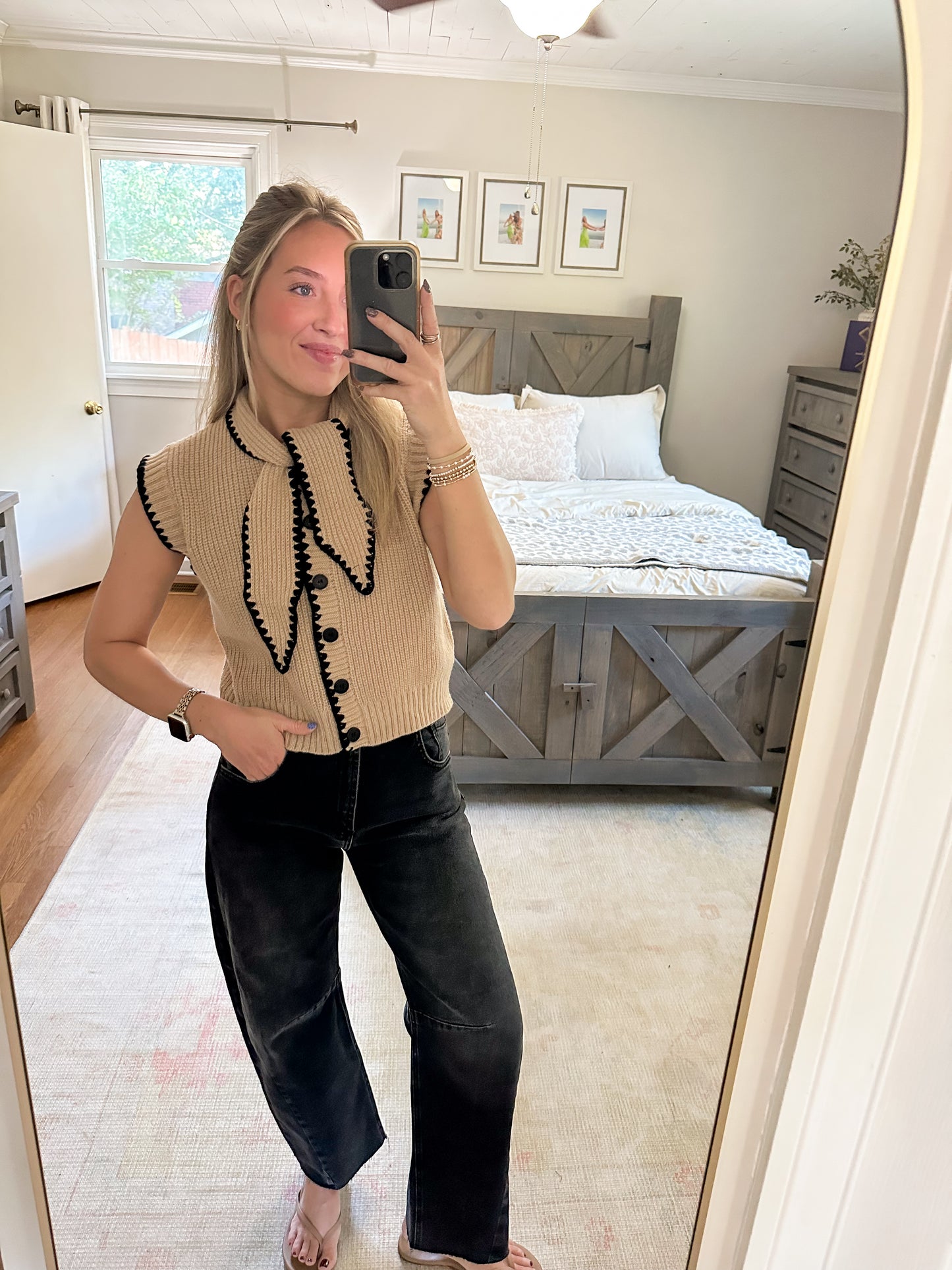Tie Neck Sweater- Tan/Black