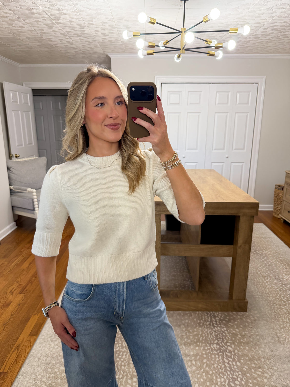 Puff Shoulder Short Sleeve Cropped Sweater- Cream