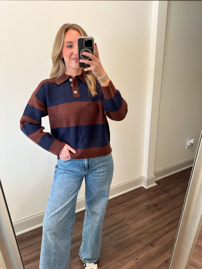 Striped Color Block Collared Sweater- Brown/Navy