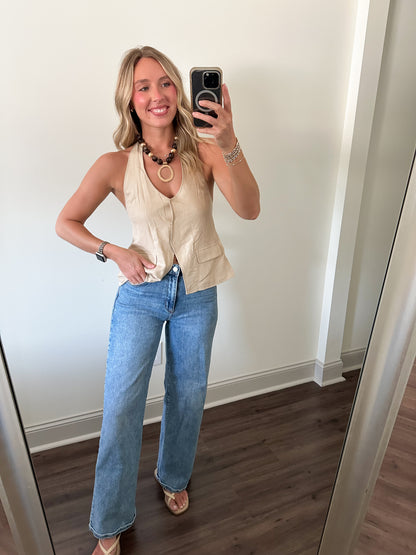 Back Tie Halter Vest- Tan