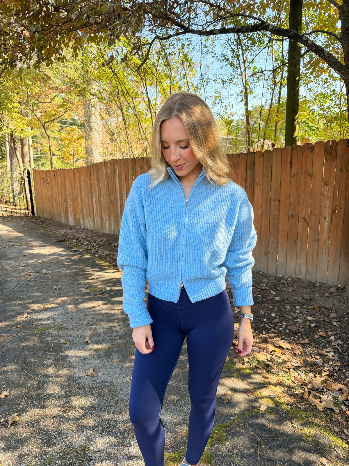 Halen Zip-Up Mock Neck Cardigan- Blue