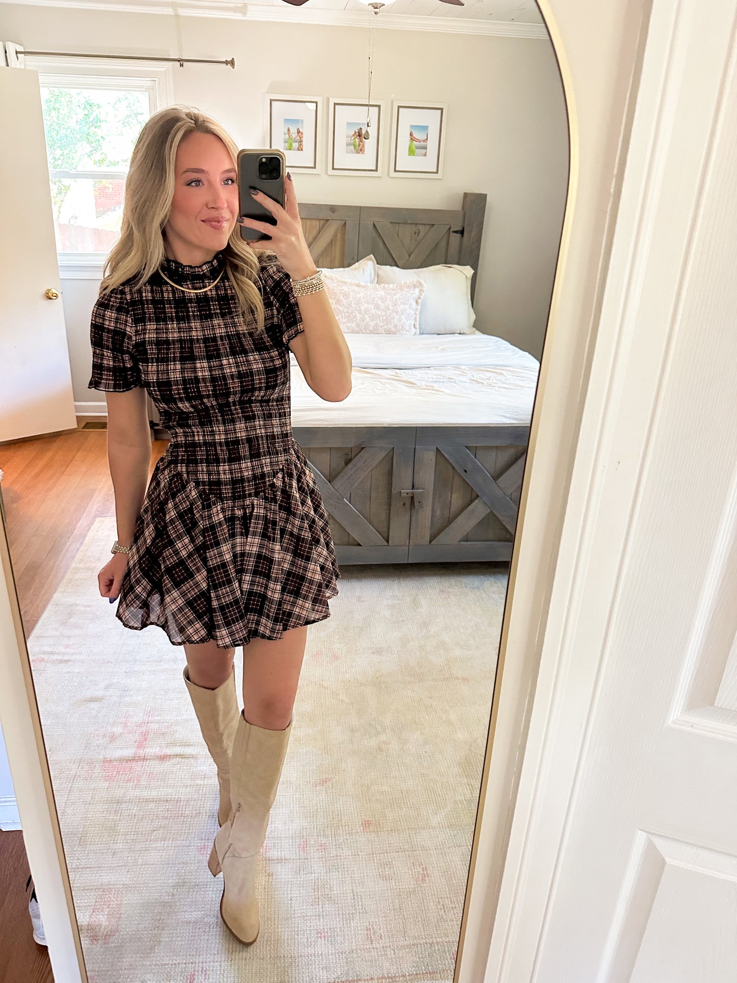 Asia Plaid Smocked Mini Dress