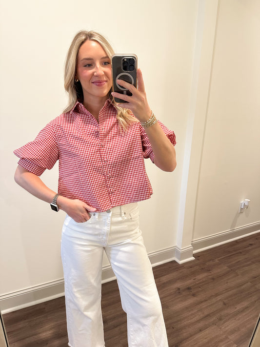 Kelsie Gingham Puff Shirt- Red