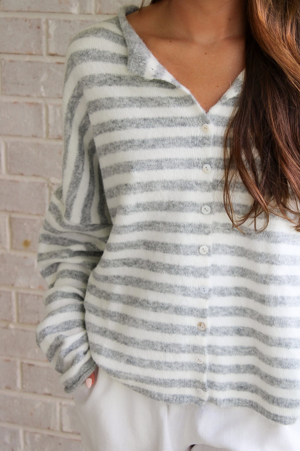 Piper Striped Cardigan- Grey/White