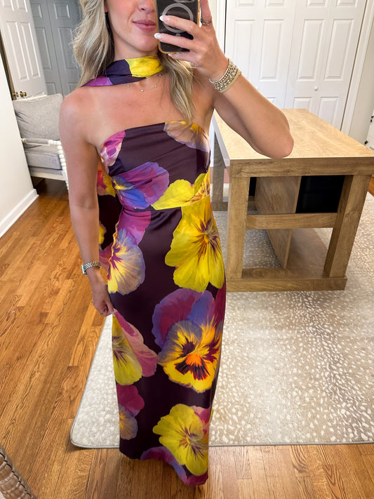 Plum Strapless Floral Maxi Dress