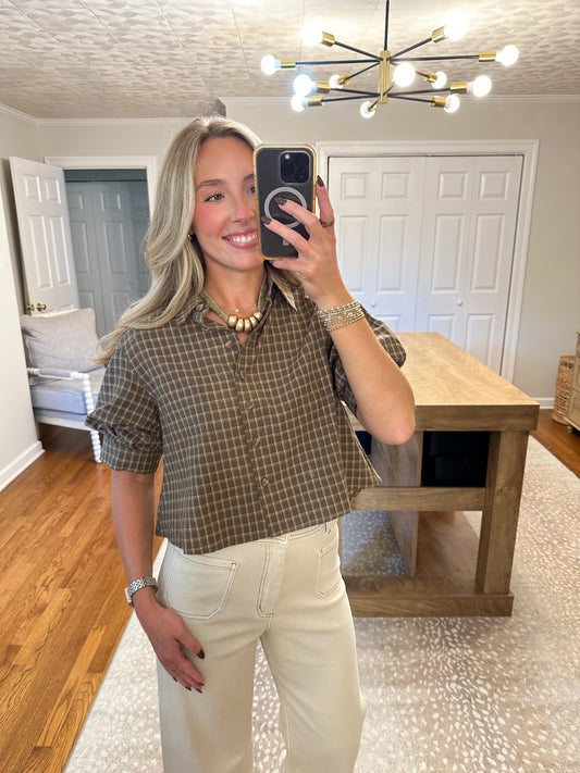 Crosby Gingham Top- Olive
