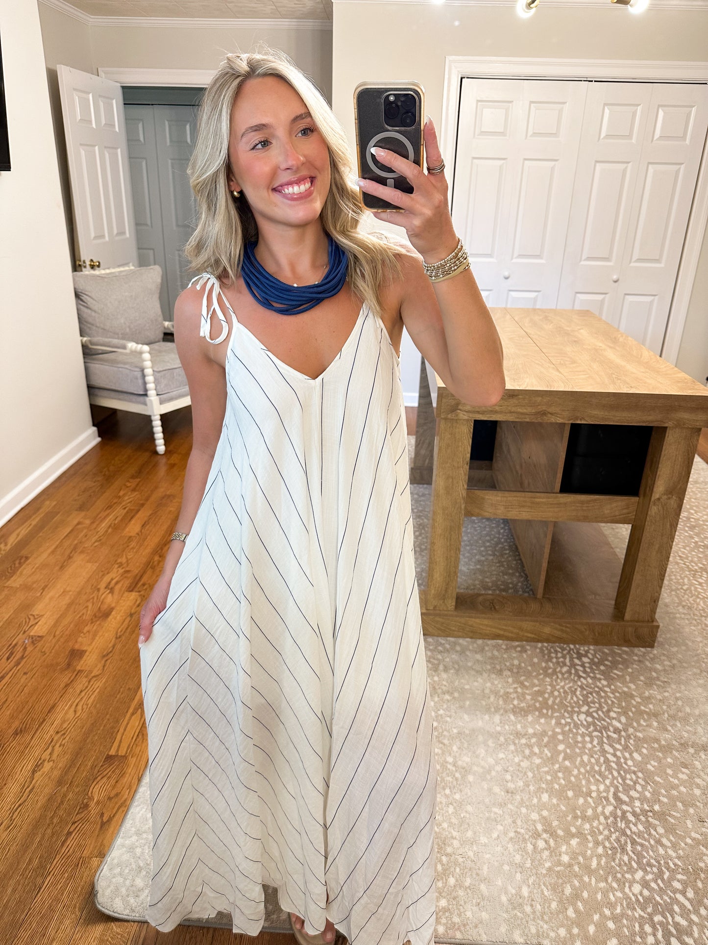 Frankie Stripe Tie Maxi Dress- White/Blue
