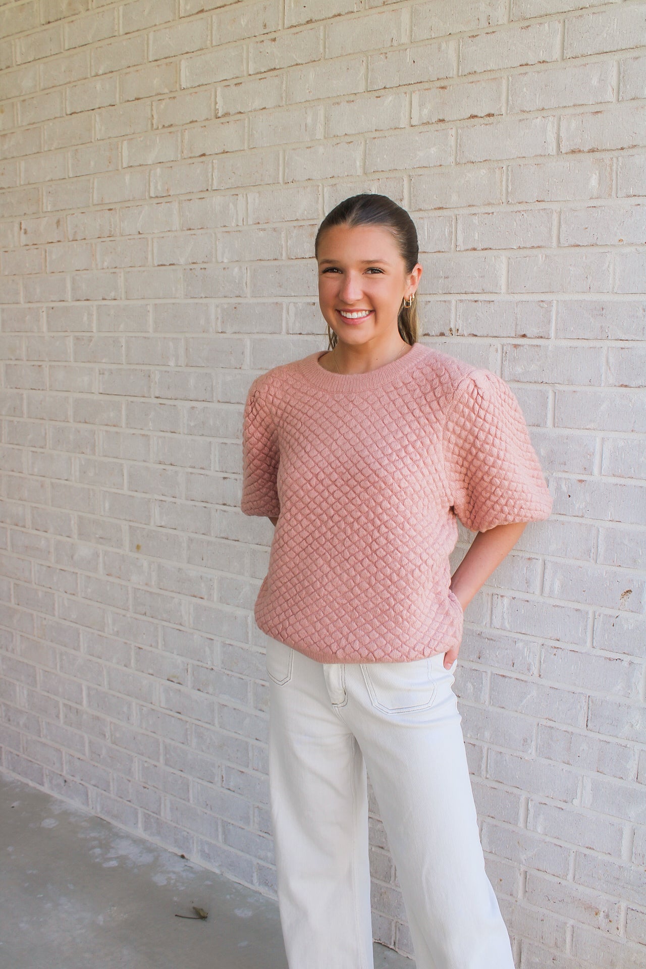 Textured Puff Sweater- Dusty Pink