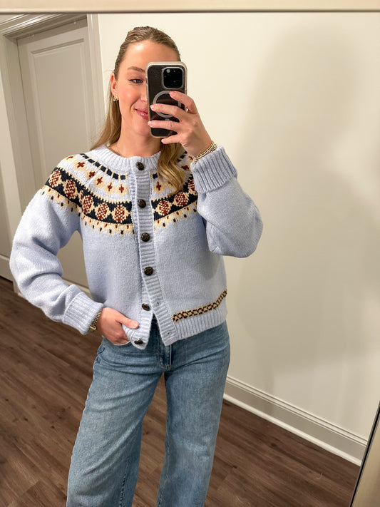 Alyssa Fair Isle Cardigan- Light Blue