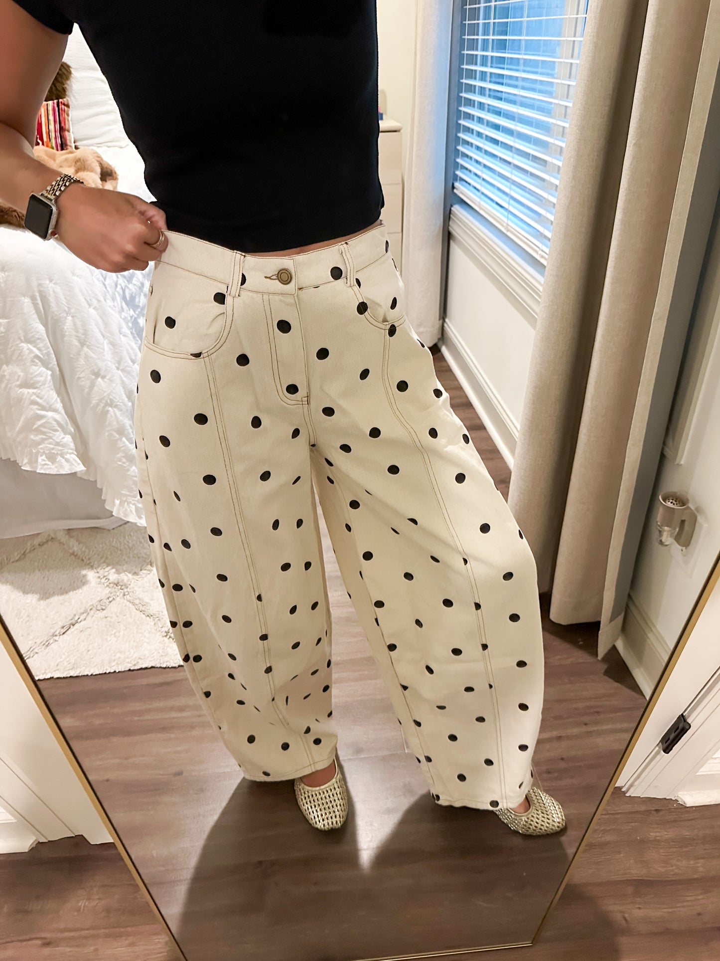 Polka Dot Denim Pants- Black