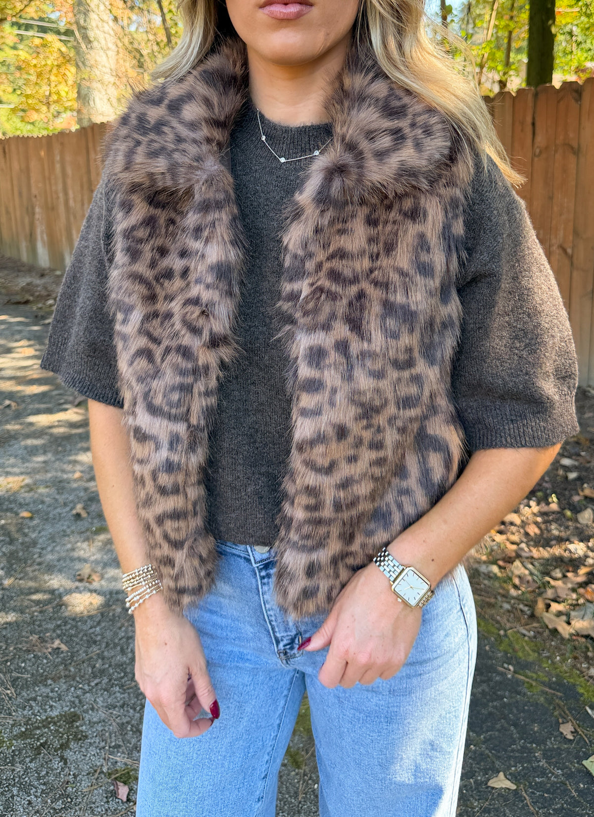 Cameron Leopard Faux Fur Vest- Brown