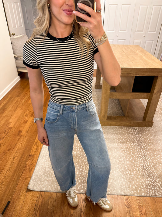 Olivia Striped Contrast Baby Tee- Black/Natural