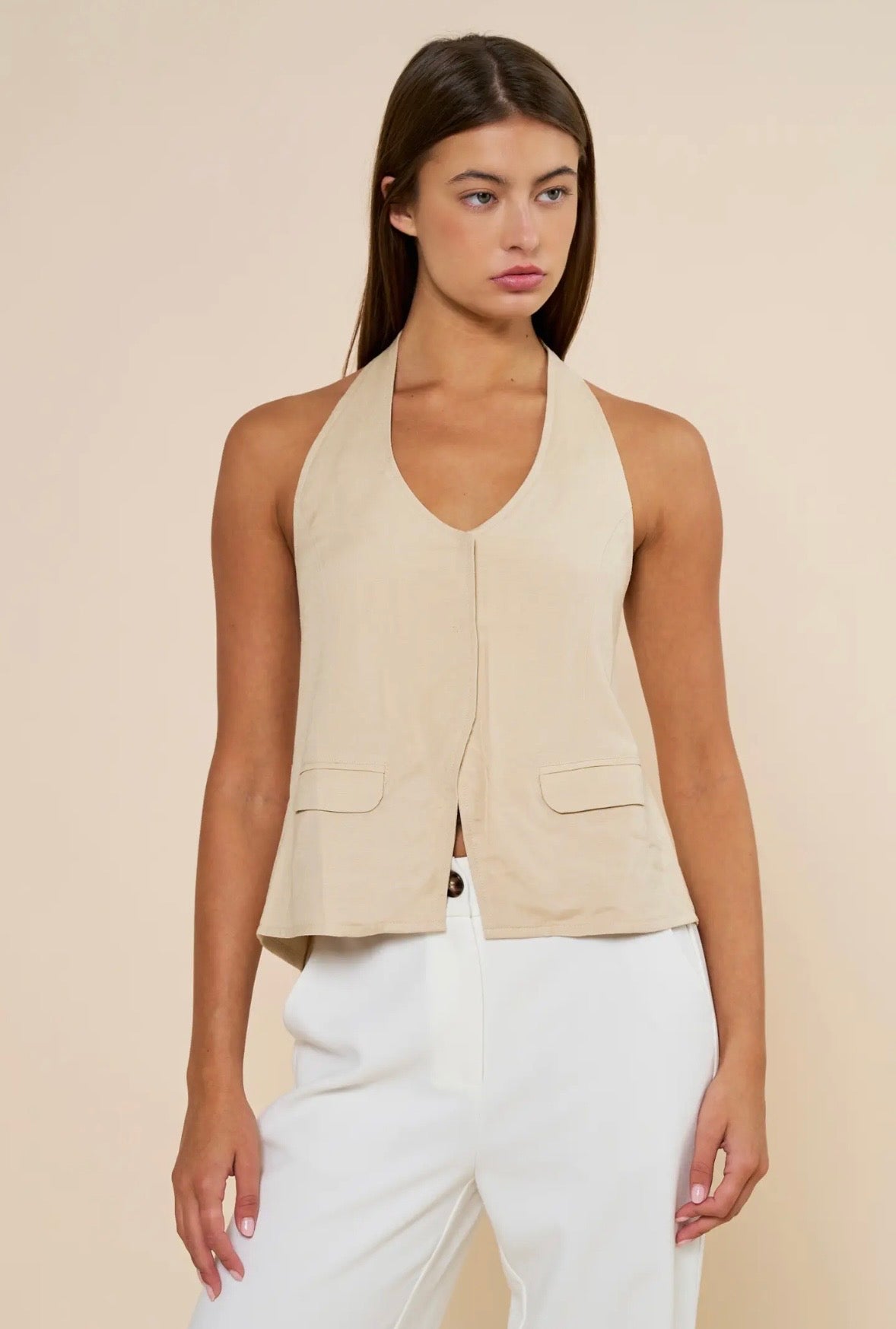 Back Tie Halter Vest- Tan