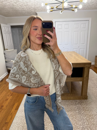 Triangle Paisley Knit Fringed Scarf- Tan