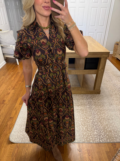 Lucy Paisley Puff Sleeve Midi Dress