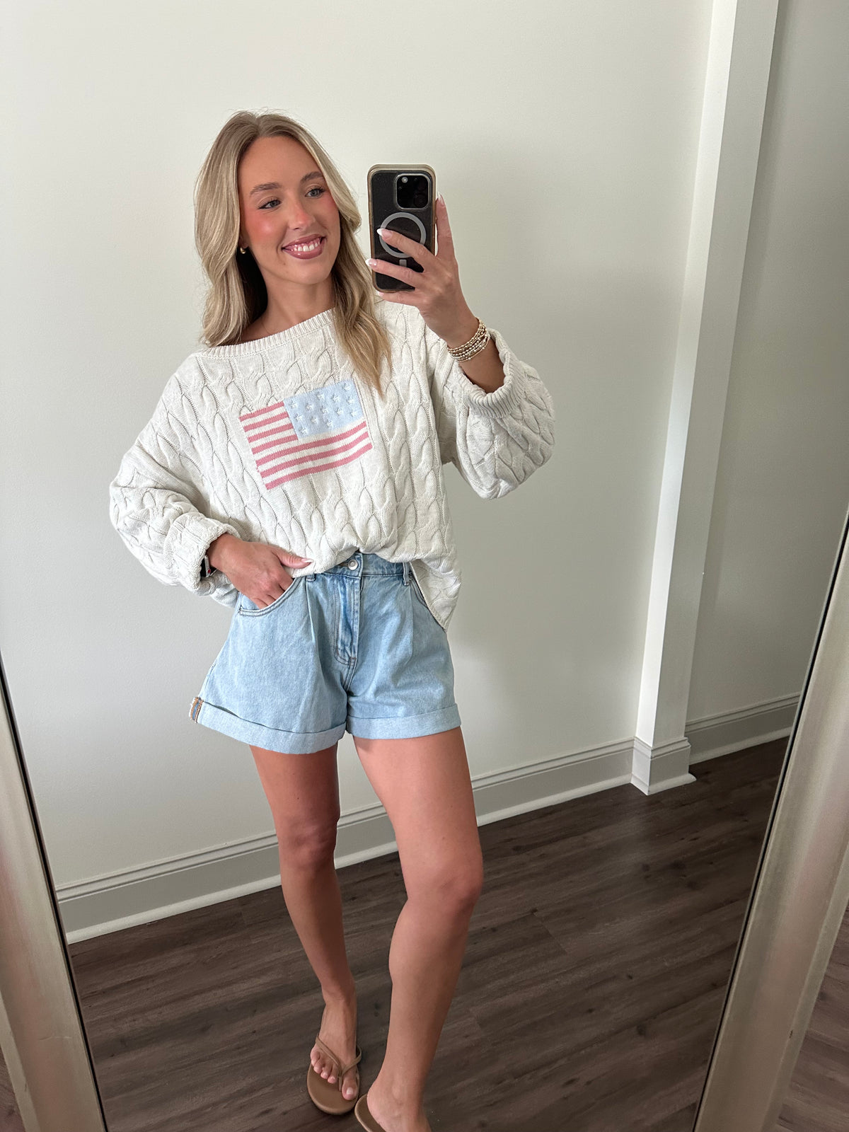 Boat Neck American Flag Sweater- Cream