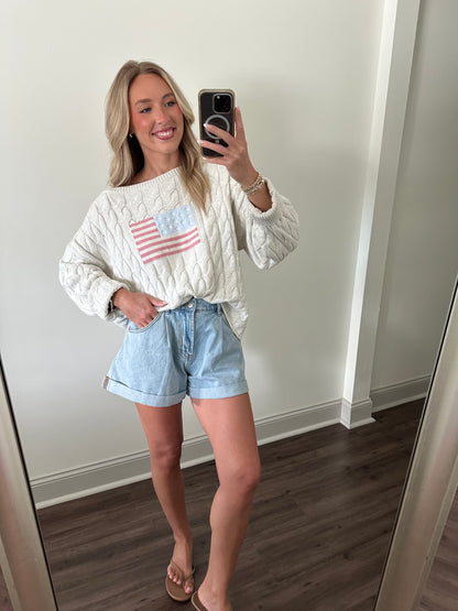 Boat Neck American Flag Sweater- Cream