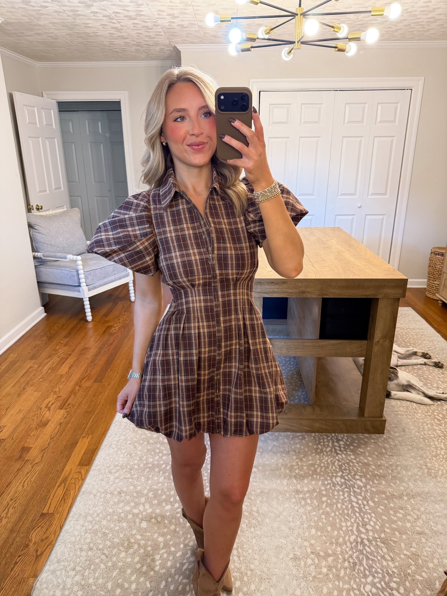 Lizzie Plaid Mini Dress- Brown