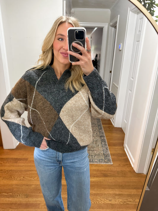 Argyle Plaid Sweater- Charcoal