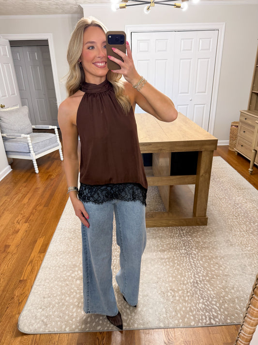 Rosemary Lace Hem Top- Chocolate