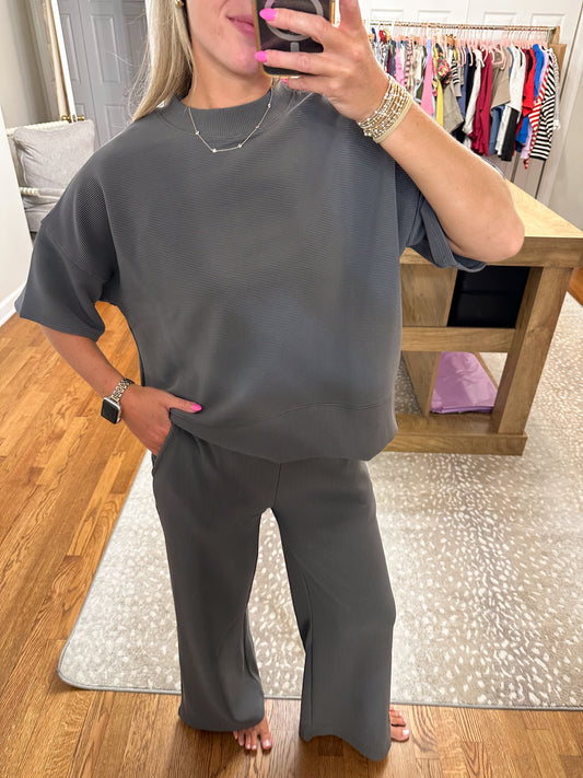 Ribbed Round Neck Tee & Pants Set- Ash Grey