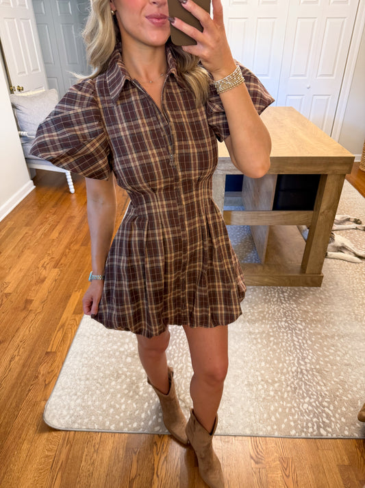 Lizzie Plaid Mini Dress- Brown