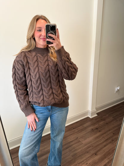 Cable-Knit Long Sleeve Sweater- Brown