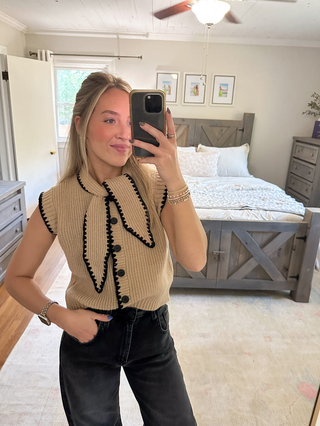 Tie Neck Sweater- Tan/Black