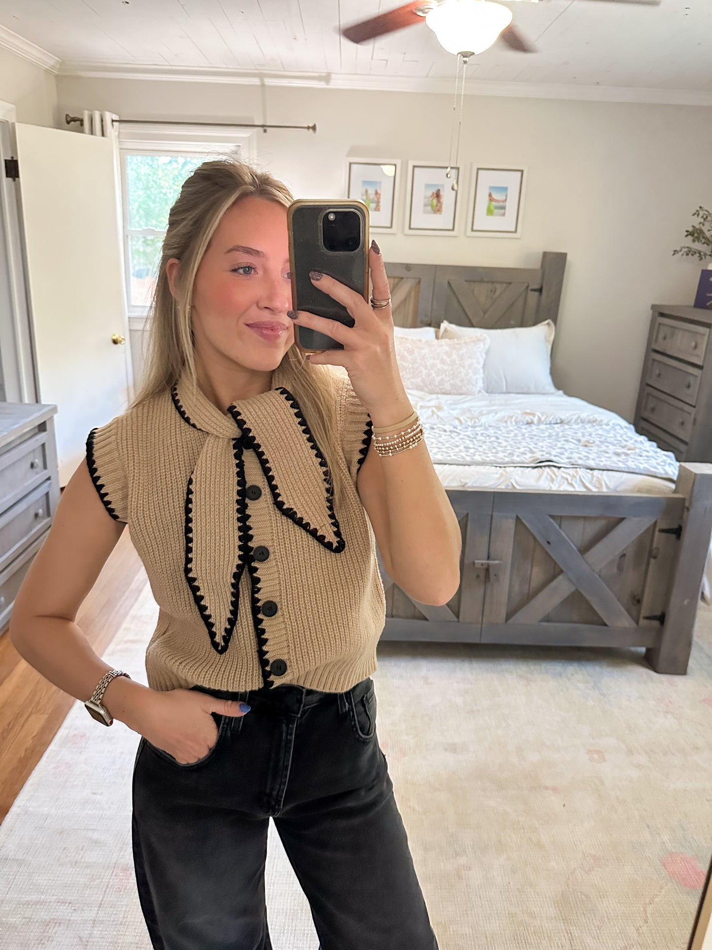 Tie Neck Sweater- Tan/Black