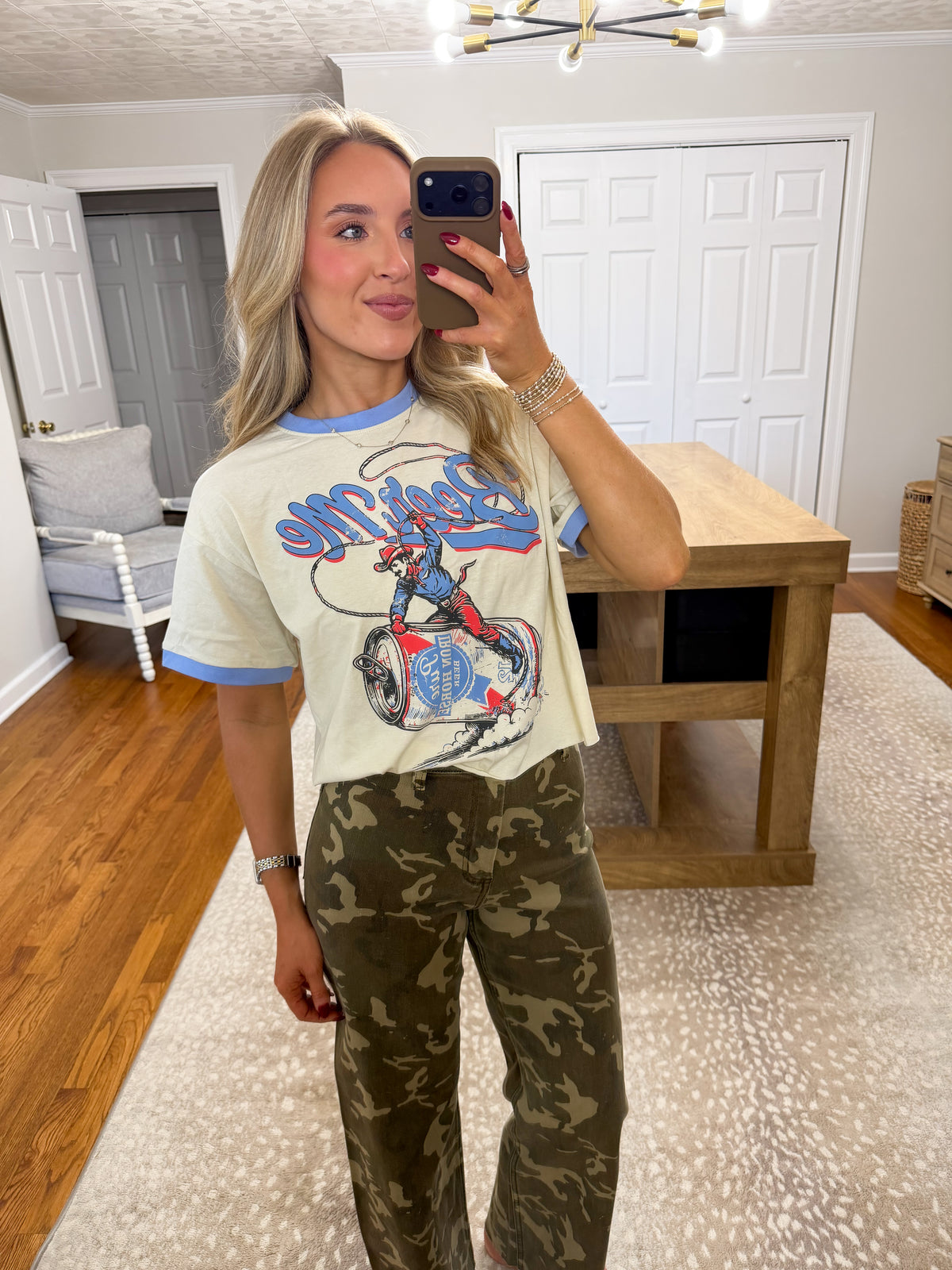 Beer Me Ringer Tee- Blue/Off-White