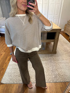 Rib Banded Short Sleeve Stripe Pullover- Mocha