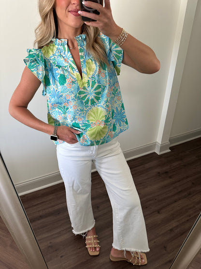 Erica Floral Ruffle-sleeve Blouse