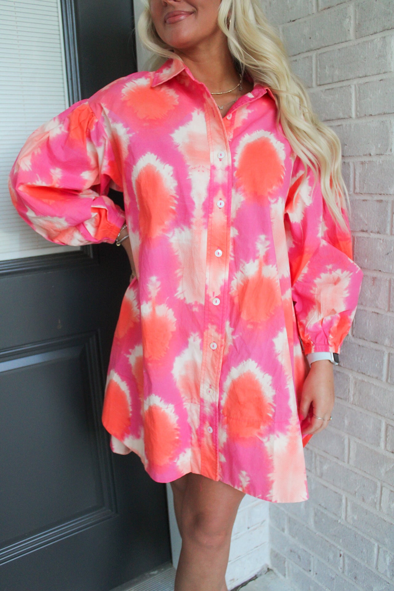 Tie Dye Shirt Dress- Pink/Orange