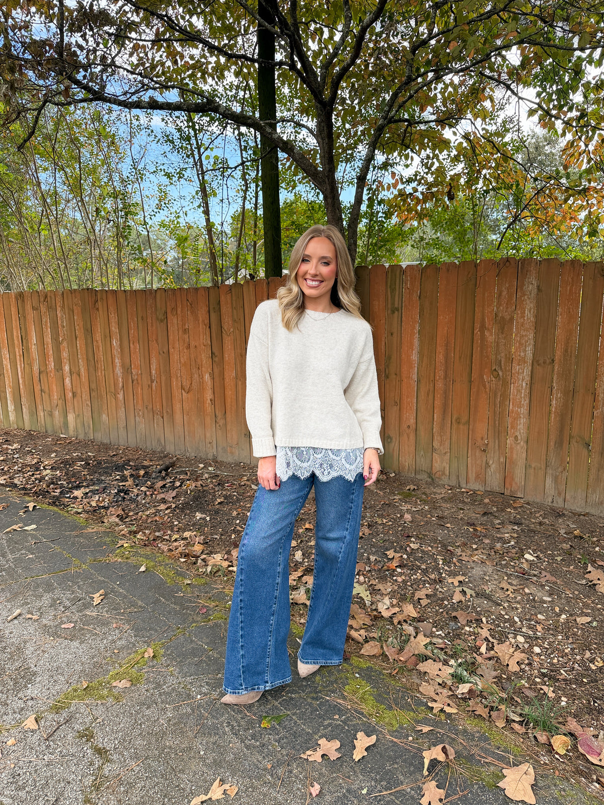 Crew Neck Lace Hem Sweater- Cream