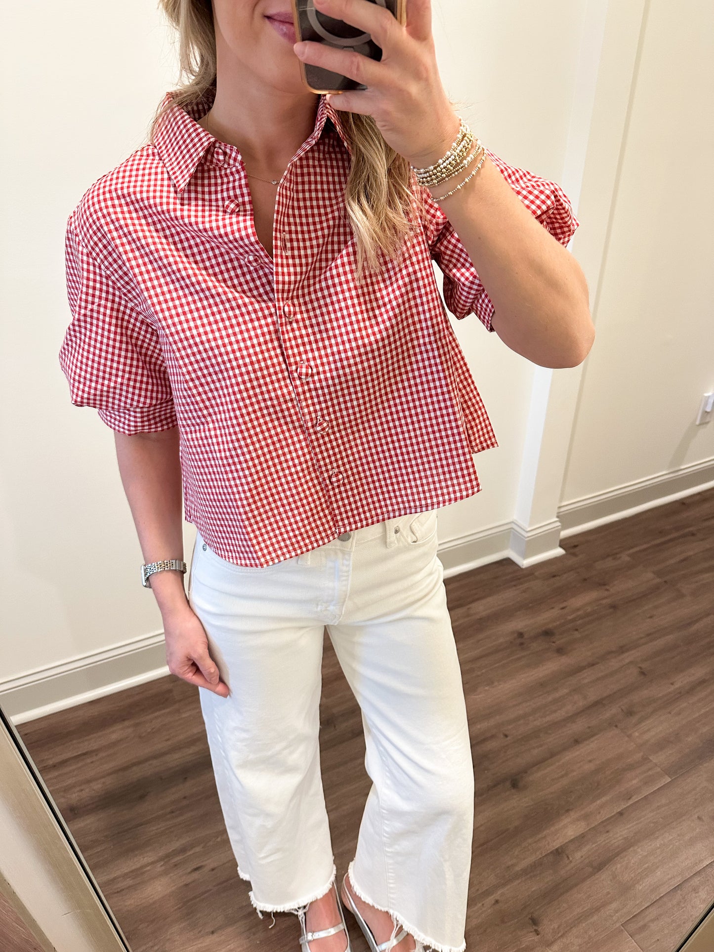 Kelsie Gingham Puff Shirt- Red
