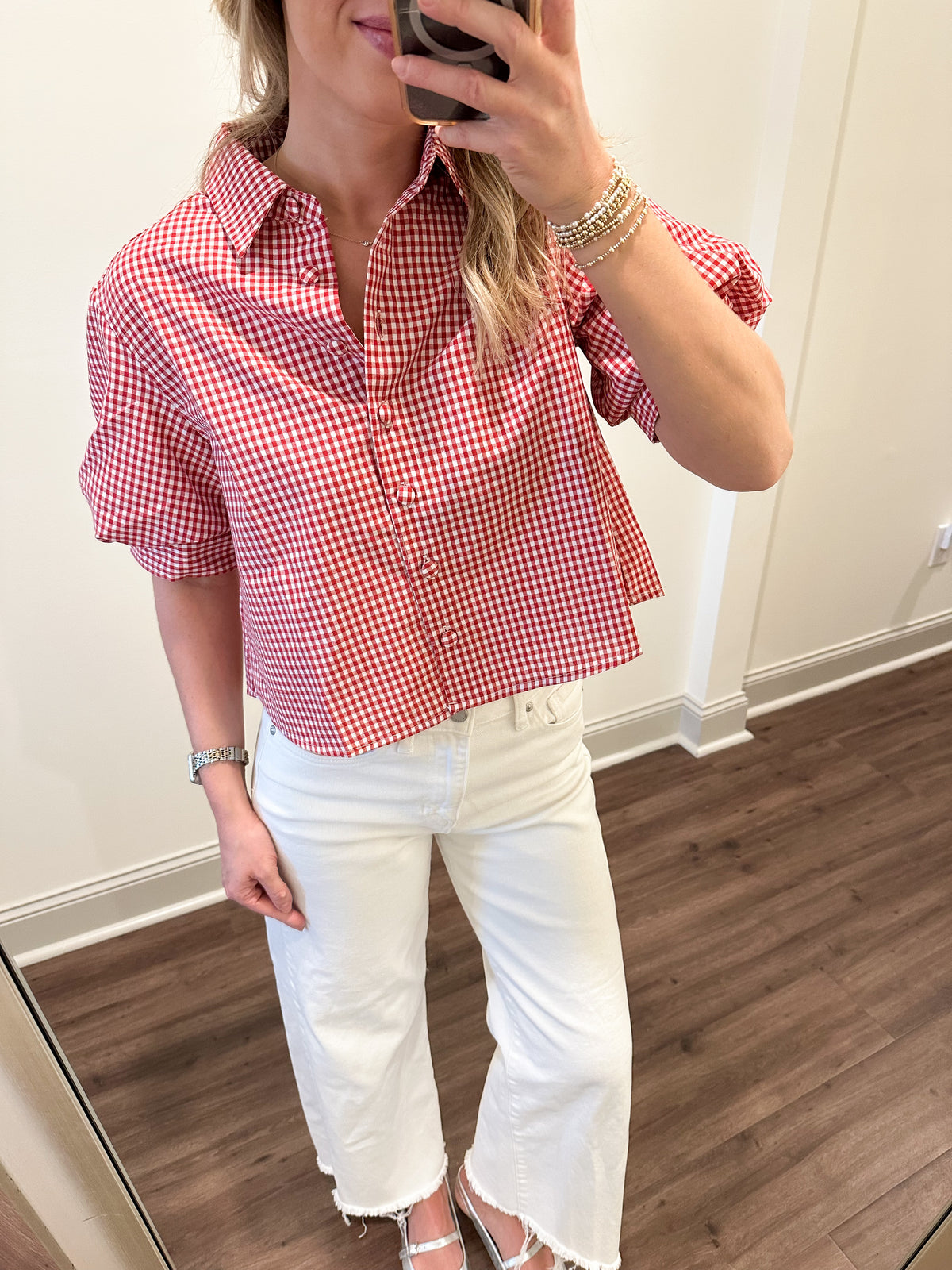 Kelsie Gingham Puff Shirt- Red
