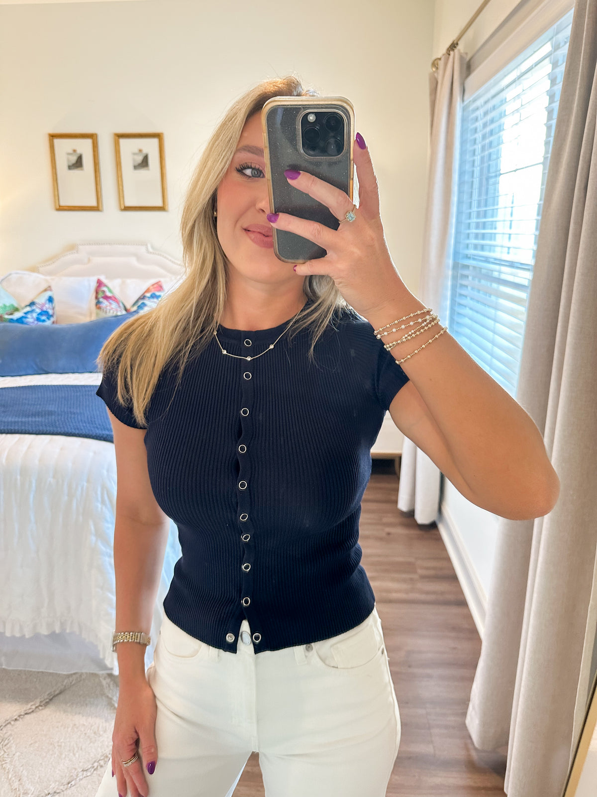 Laken Button Top- Navy