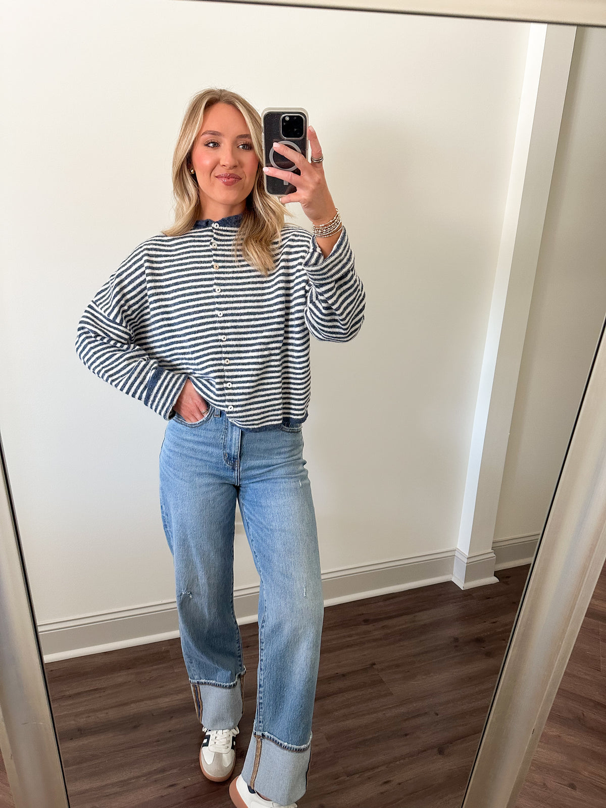 Piper Cardigan- Mini Stripe Denim