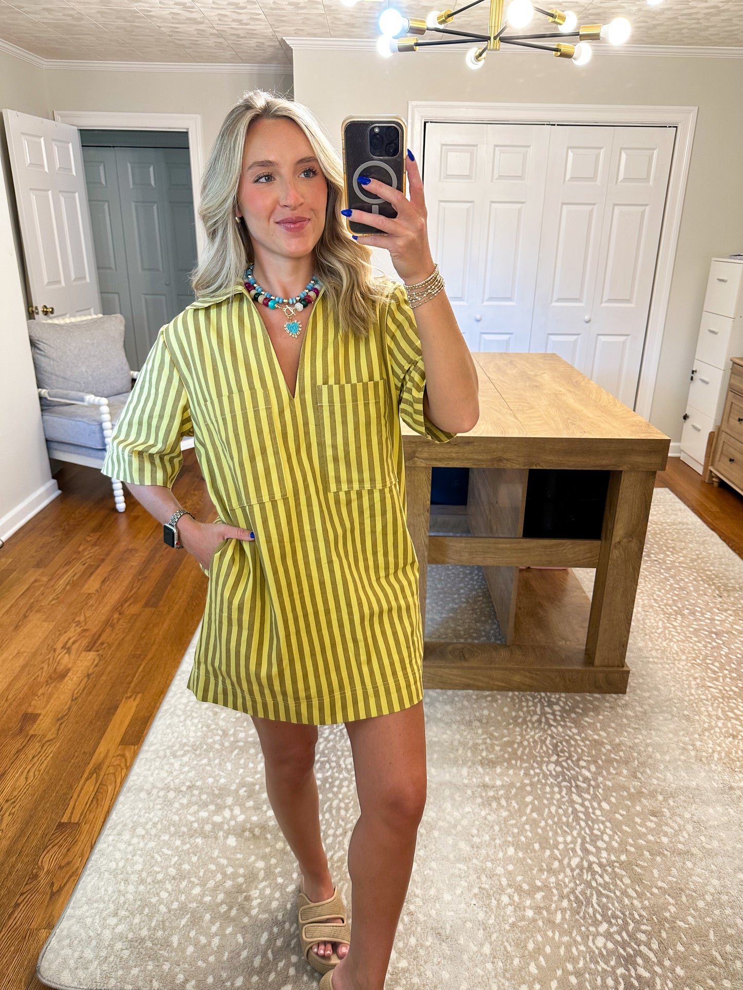 Chloe Olive Stripe Shirt Dress- Kiwi Mocha
