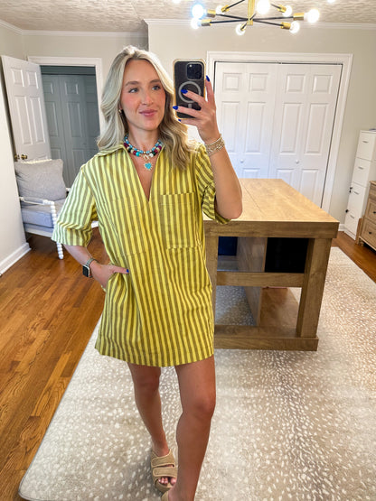 Chloe Olive Stripe Shirt Dress- Kiwi Mocha