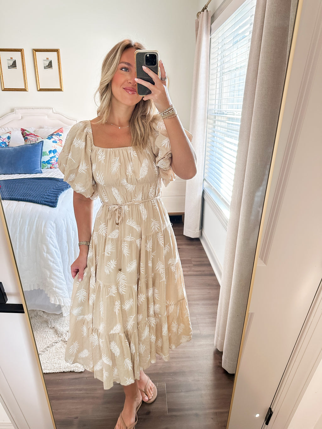 Leaf Print Midi Dress- Taupe
