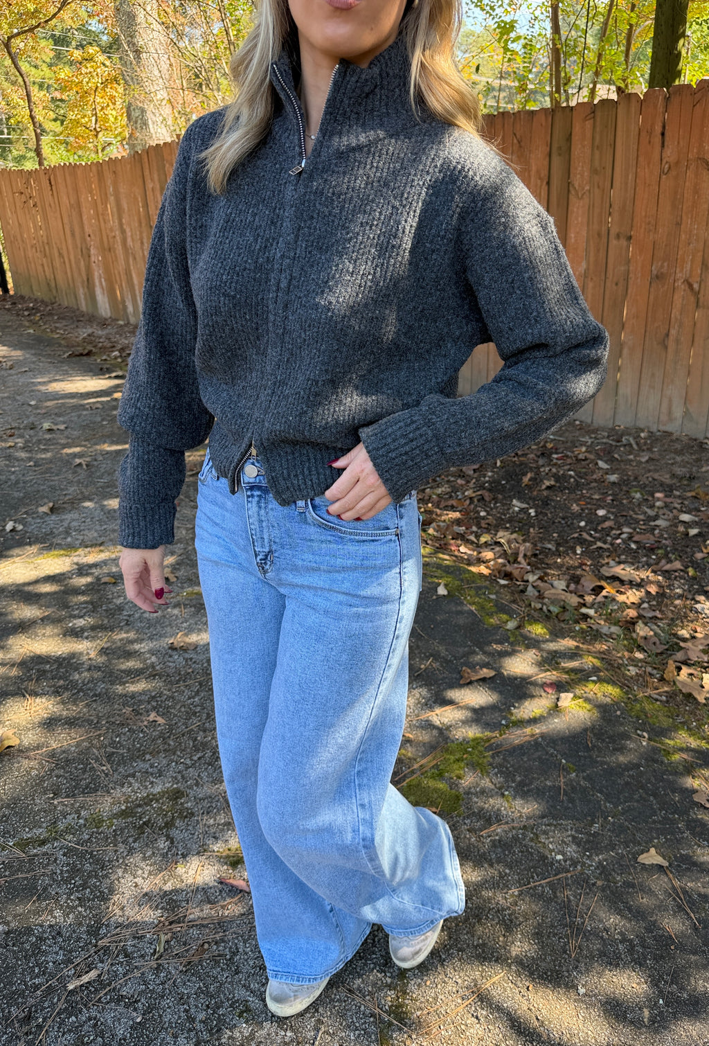Halen Zip-Up Mock Neck Cardigan- Charcoal