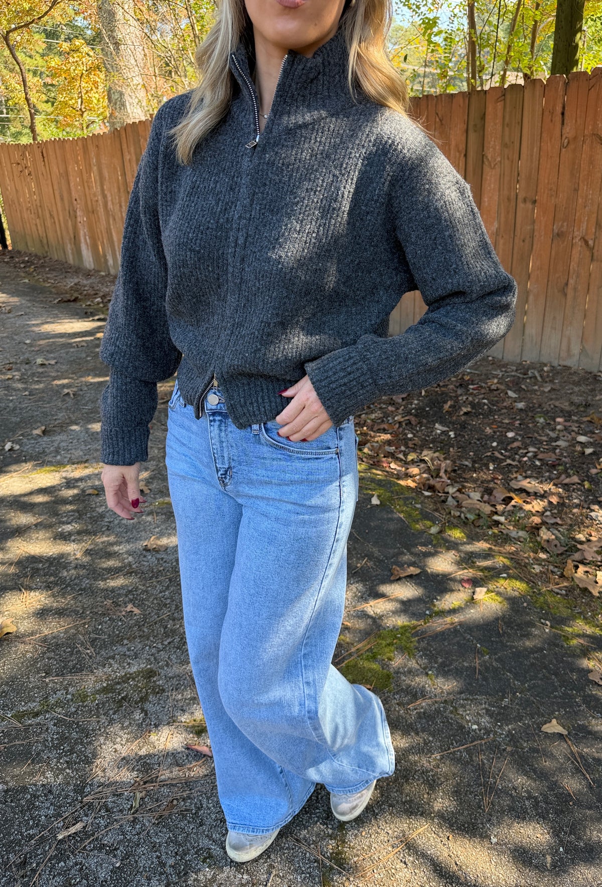 Halen Zip-Up Mock Neck Cardigan- Charcoal