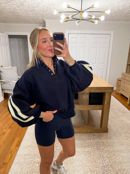 Snap Collar Varsity Sweatshirt- Navy/Yellow